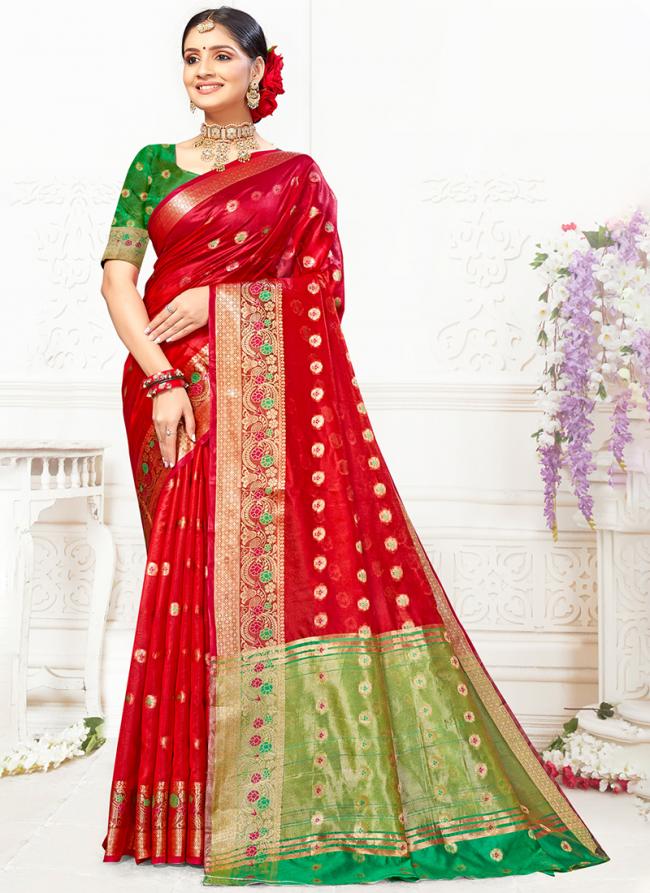 Cotton Red Traditional Wear Weaving Saree